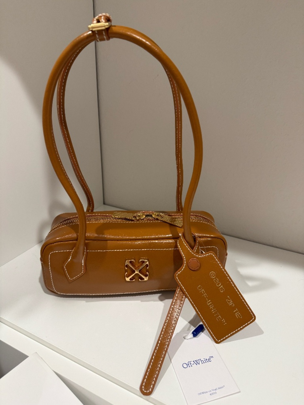 Off-White East West Shoulder Bag in Camel Tan Brown purse NEW NWT